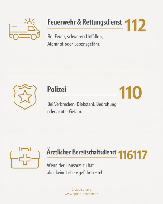 Infographic with important emergency numbers in Germany for the fire department, police, and medical emergency services.