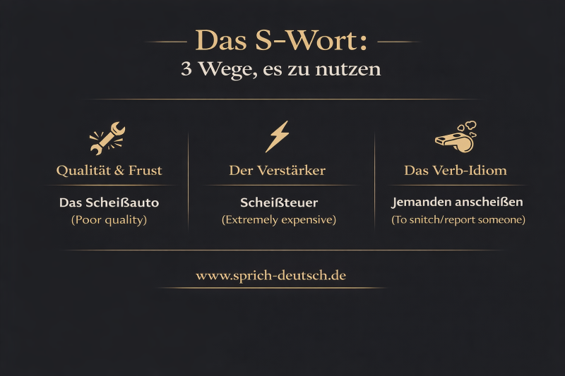 Infografik zur Verwendung des deutschen Wortes „Scheiß-“ mit drei Beispielen.