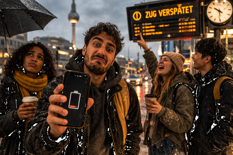 Junge Menschen am Bahnhof reagieren frustriert auf eine Zugverspätung.