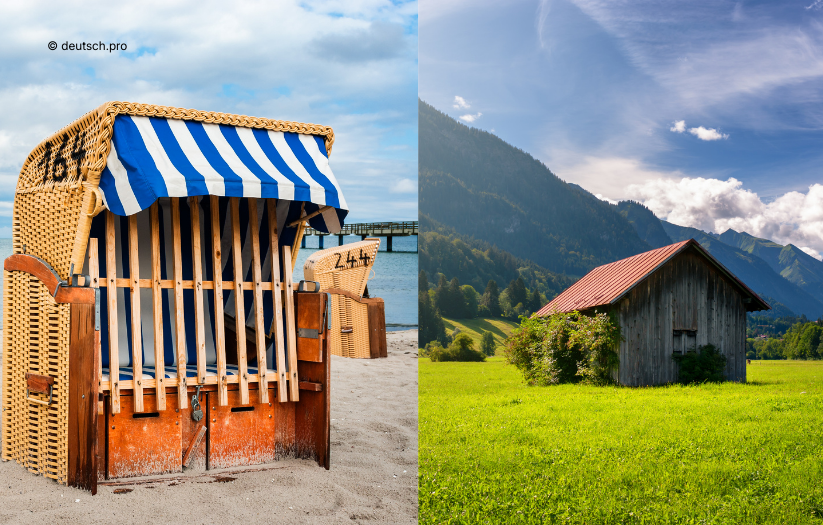 Sedia a cestino sulla spiaggia del Mare del Nord e tradizionale baita alpina nelle Alpi bavaresi.